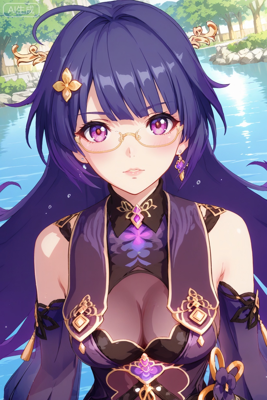 
Random scene,Random scene,
upper body,looking at viewer,
雷电芽衣,masterpiece,best quality,official art,extremely detailed CG unity 8k wallpaper,1girl, solo, long hair, breasts, looking at viewer,  bangs, hair ornament, thighhighs, gloves, dress, cleavage, bare shoulders, , purple eyes, purple hair, earrings,   glasses, official alternate costume,, see-through, chinese clothes, 