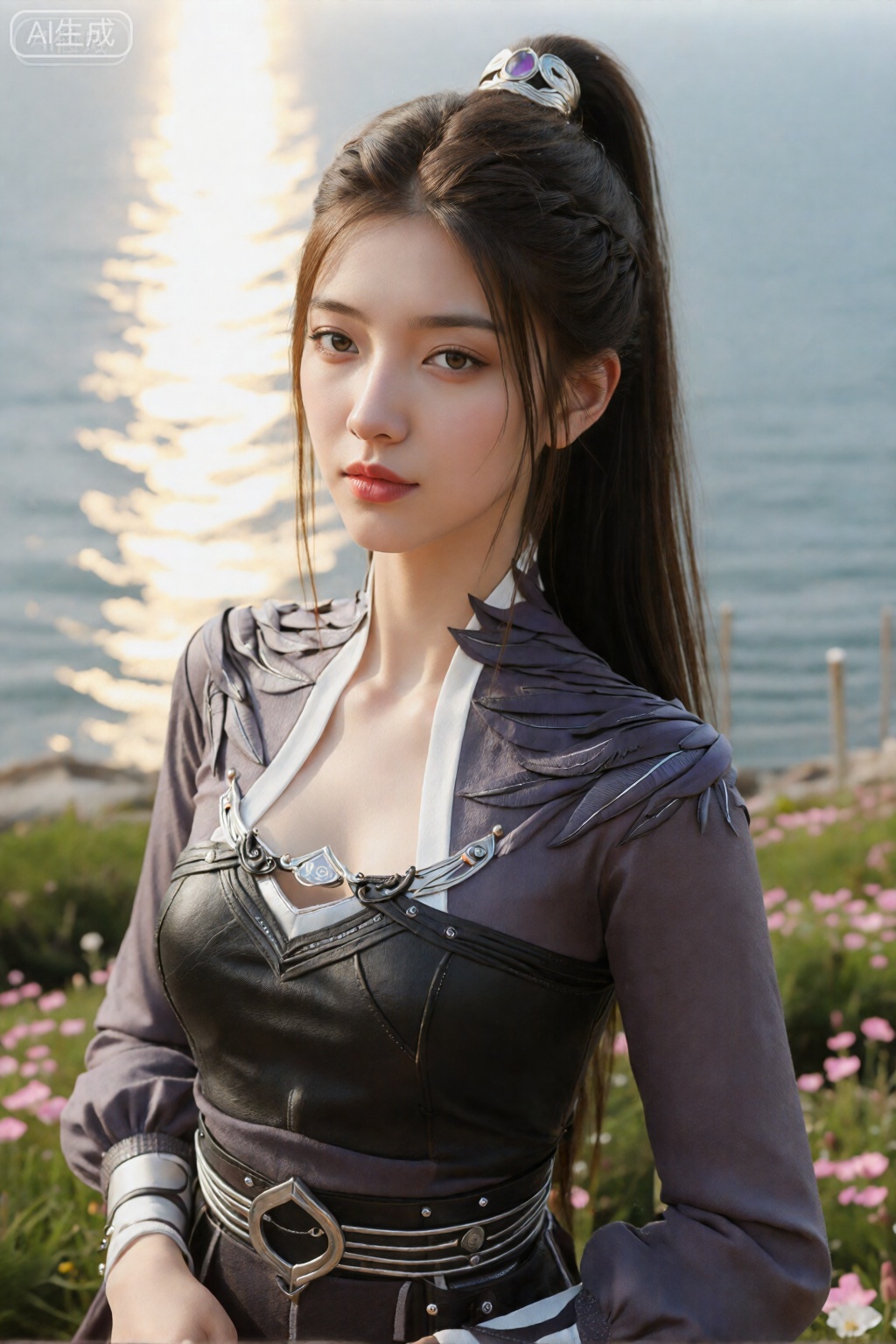 这张照片的主角是一位亚洲女性,皮肤白皙,深棕色长发扎成高高的马尾辫,戴着紫色和白色的假发。她穿着紫色和黑色中世纪风格的服装,肩部饰有羽毛般的装饰,黑色皮革紧身胸衣带有银色细节,。她的表情平静而专注。背景展示了一片宁静的海洋,阳光从水面反射,前景是一片绿色植物和粉红色花朵的模糊景观。。图像光线柔和、自然,略显空灵。