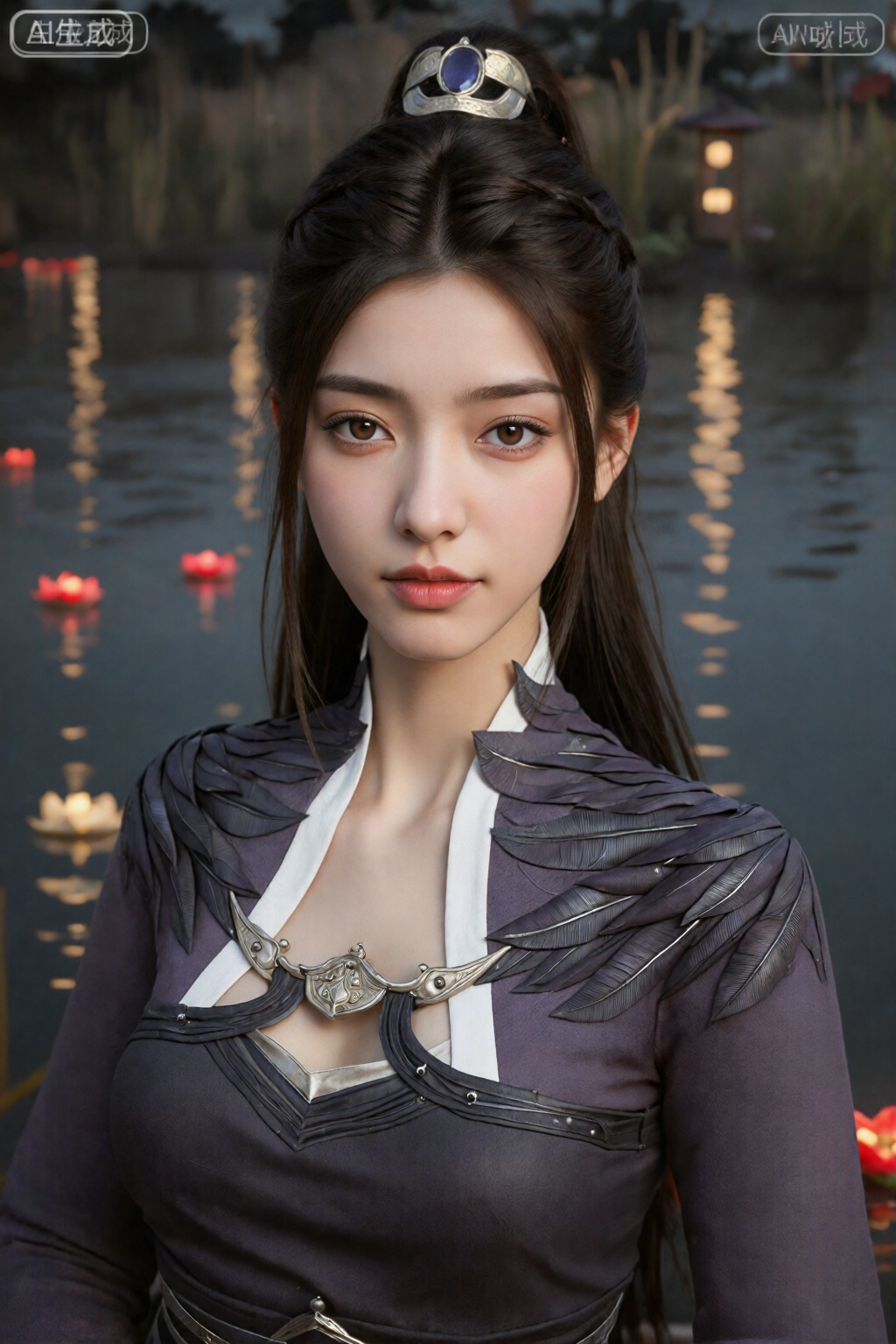 这是一幅非常详细、逼真的数字艺术作品,描绘了一位东亚女性,她皮肤白皙,深棕色长发扎成高马尾辫。她穿着一件紫色的羽毛长袍,上面有精致的银色装饰和白色的衣领。她的表情很平静,有着柔软的粉红色嘴唇和杏仁形的棕色大眼睛。她头上戴着一顶镶有紫色宝石的银色小王冠。背景是一个宁静的湖泊,上面开满了红莲花和高大的芦苇,还有一个木制的凉亭,灯光温暖而明亮。。整体风格写实并带有奇幻元素。