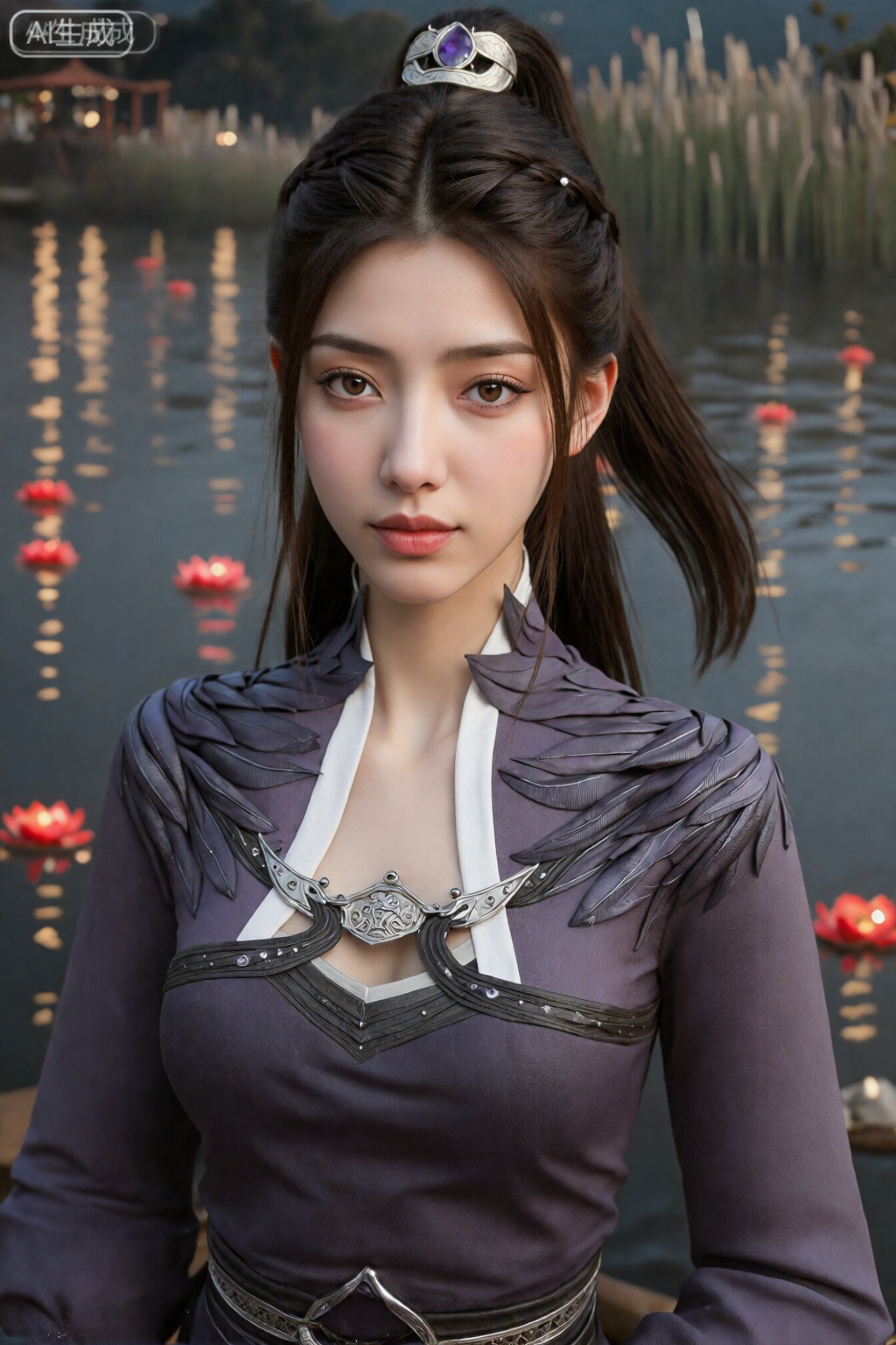 这是一幅非常详细、逼真的数字艺术作品,描绘了一位东亚女性,她皮肤白皙,深棕色长发扎成高马尾辫。她穿着一件紫色的羽毛长袍,上面有精致的银色装饰和白色的衣领。她的表情很平静,有着柔软的粉红色嘴唇和杏仁形的棕色大眼睛。她头上戴着一顶镶有紫色宝石的银色小王冠。背景是一个宁静的湖泊,上面开满了红莲花和高大的芦苇,还有一个木制的凉亭,灯光温暖而明亮。。整体风格写实并带有奇幻元素。