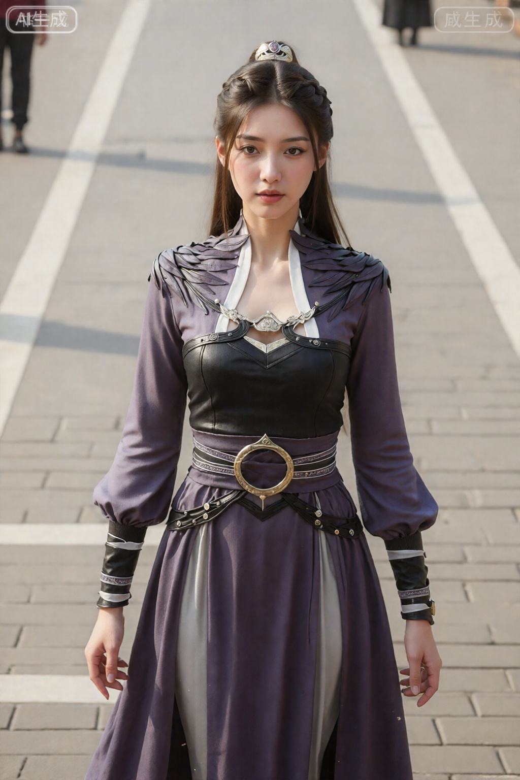 这是一张亚洲女性站在历史背景下阳光明媚的鹅卵石街道上的照片。她有一头长长的深色头发,盘成优雅的髻,并佩戴蓝色发夹。她穿着一件紫色和黑色中世纪风格的长袖连衣裙,泡泡袖和高领,饰有金色和白色配饰,以及黑色皮革紧身胸衣。。她的服装包括黑色无指手套和带有金色细节的华丽宽腰带。,紫灵