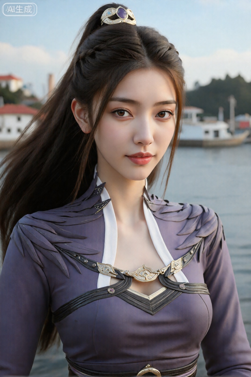 这是一幅非常细致、逼真的CGI 肖像,描绘的是一位东亚女性,皮肤白皙,深棕色长发扎成高马尾辫,并佩戴紫色和金色发饰。她有一双杏仁形的棕色大眼睛和微妙而自信的微笑。她穿着一件带有金色和黑色装饰的紫色中世纪风格连衣裙,包括高领、肩部褶边和带有金色扣环的装饰胸件。背景是模糊、宁静的海滨场景,蓝天下的建筑物和山地景观。该图像具有柔和、自然的光线,