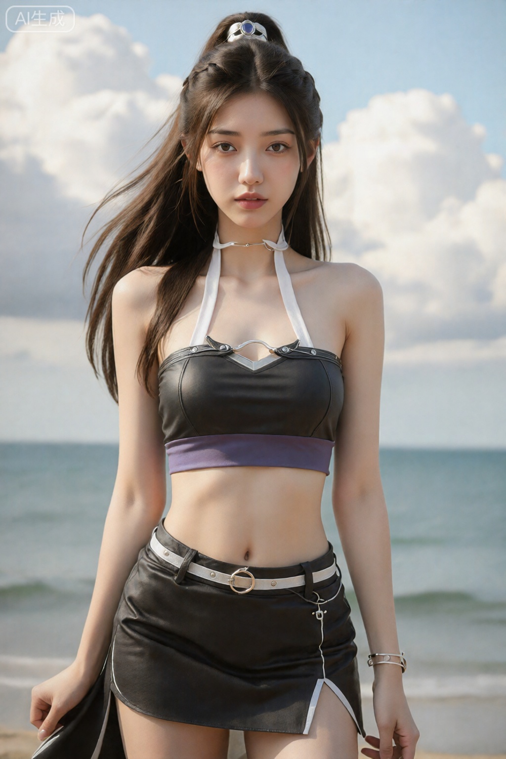 这是一张高质量的照片,照片中一位年轻漂亮的亚洲女性站在海滩上,背景是多云的天空和海洋。她有一头又长又直的黑发,用银色发夹扎成高马尾辫。她穿着白色颈链、紫色露肩短款上衣、黑色仿皮革材质和白色肩带,以及黑色皮革迷你裙、白色肩带和金色环形腰带。她皮肤白皙,身材苗条健美,小腹平坦。她的表情很平静,直视镜头。该图像具有柔和、自然的光线,强调了她的特征和服装。
