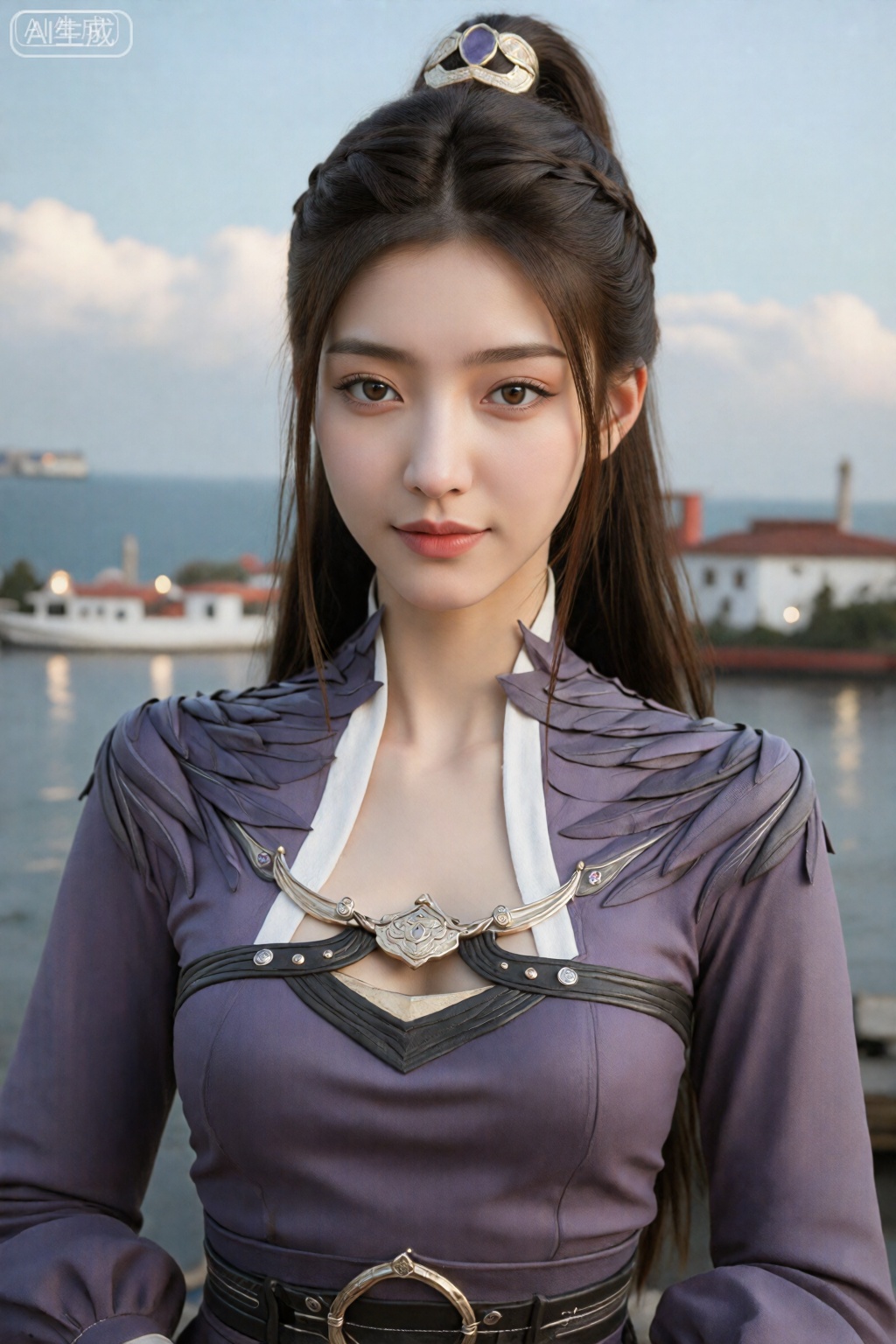 这是一幅非常细致、逼真的CGI 肖像,描绘的是一位东亚女性,皮肤白皙,深棕色长发扎成高马尾辫,并佩戴紫色和金色发饰。她有一双杏仁形的棕色大眼睛和微妙而自信的微笑。她穿着一件带有金色和黑色装饰的紫色中世纪风格连衣裙,包括高领、肩部褶边和带有金色扣环的装饰胸件。背景是模糊、宁静的海滨场景,蓝天下的建筑物和山地景观。该图像具有柔和、自然的光线,