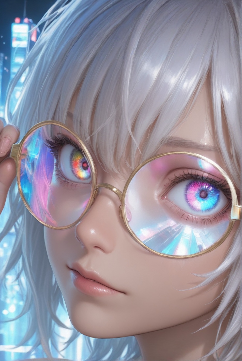A close-up of a 1girl with silver,  messy hair and heterochromia,  multicolored eyes with vibrant irises and an intense ga...