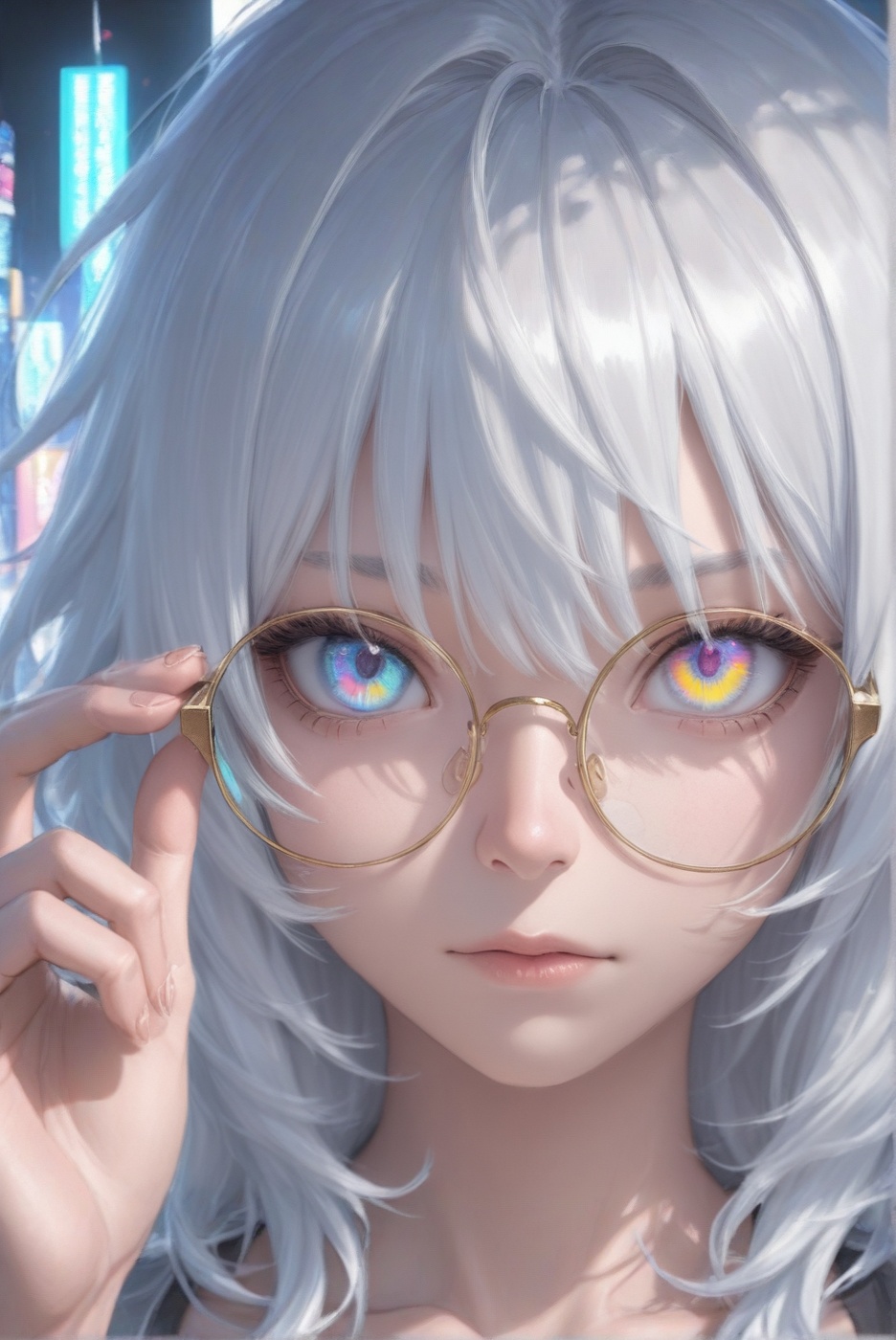 A close-up of a 1girl with silver,  messy hair and heterochromia,  multicolored eyes with vibrant irises and an intense ga...