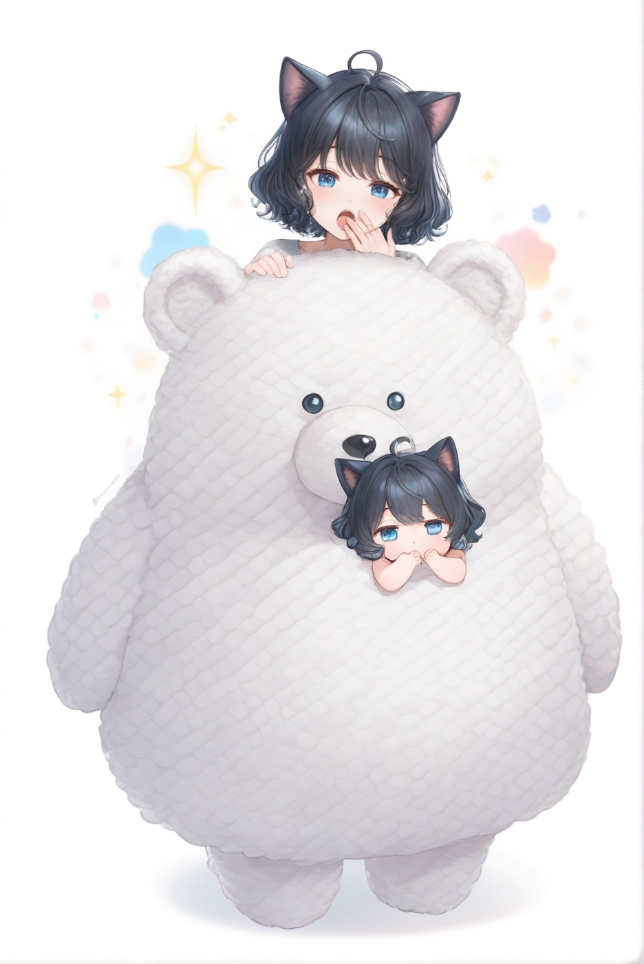 little chibi girl,  full body of a sleepy girl with short wavy hair and blue eyes,  (black hair1.4) on Tensor.Art