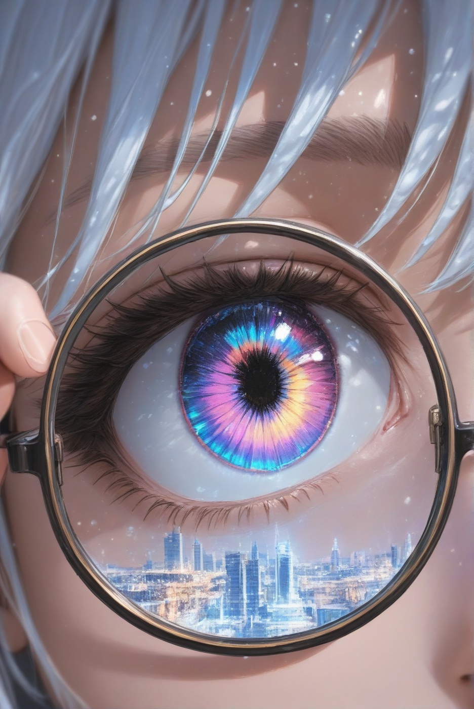 A close-up of a 1girl with silver,  messy hair and heterochromia,  multicolored eyes with vibrant irises and an intense ga...