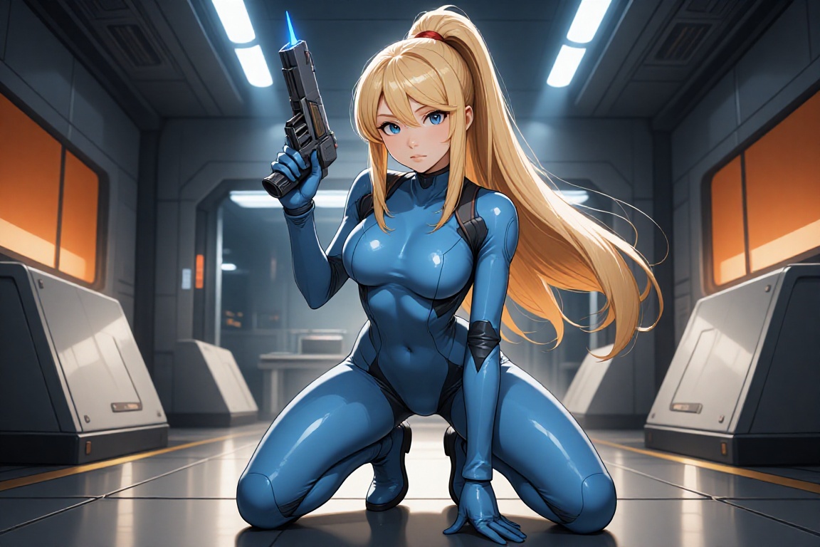 A highly detailed digital illustration of samus,  kneeling on the metal floor of a futuristic laboratory,  holding a high-...