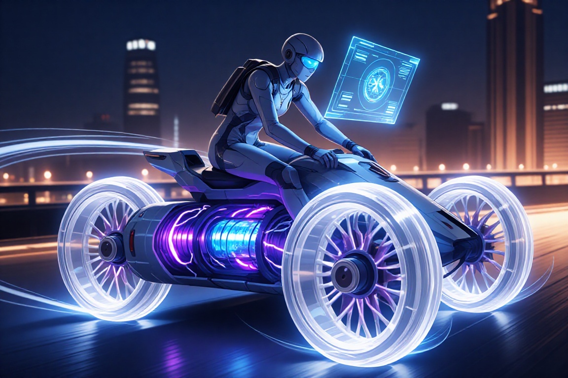 futuristik_sbk with transparent crystalline wheels,  glowing antimatter engine core visible inside the frame,  blue-purple...