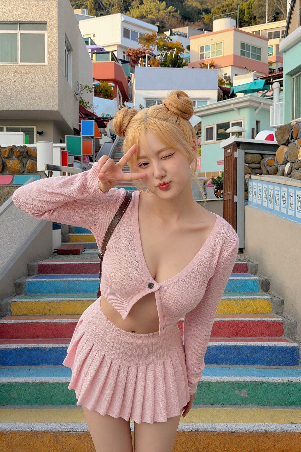 A Gwangju girl with honey-blonde hair in space buns,  making a big peace-sign and tilting head cutely on the rainbow stair...
