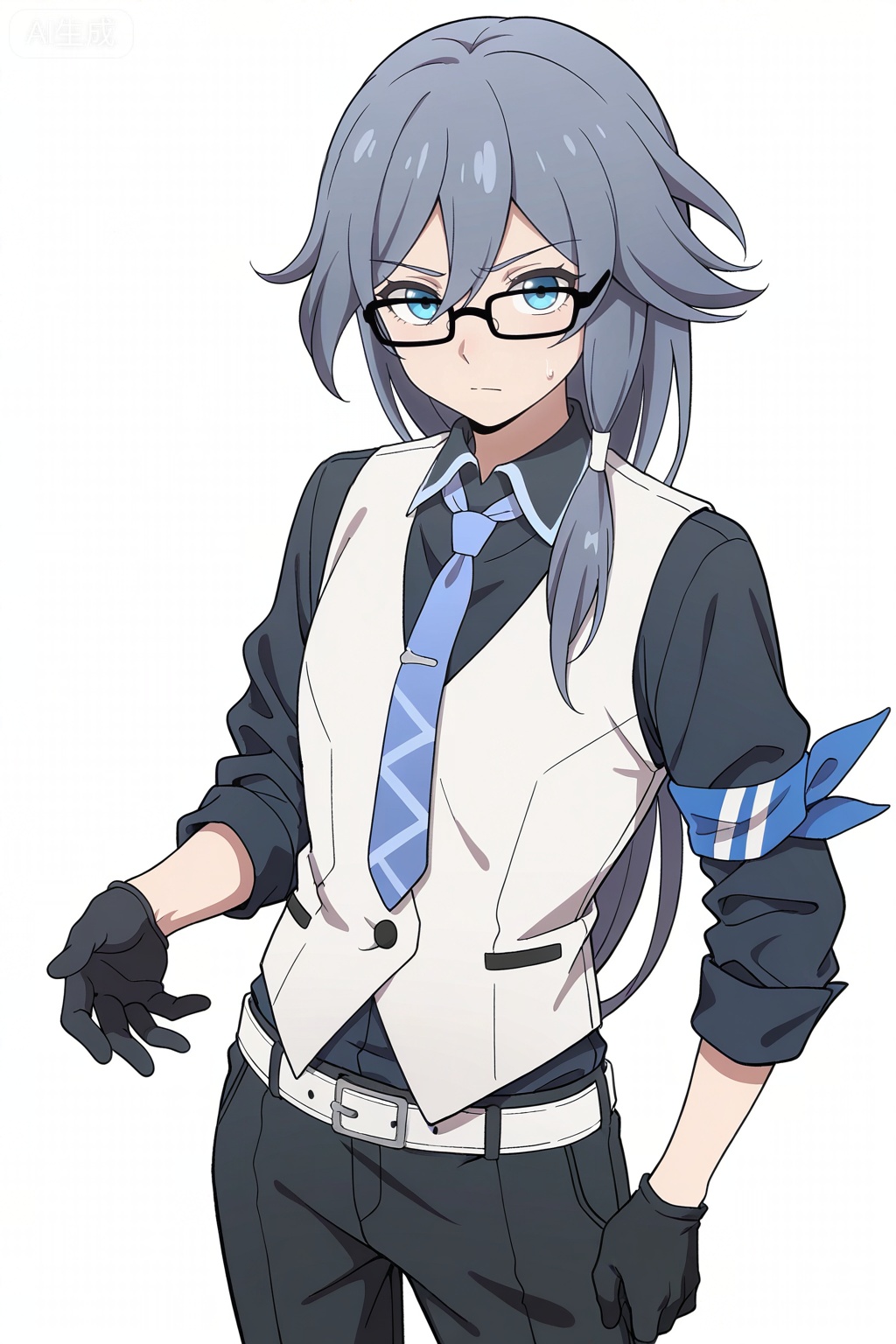 masterpiece, best quality,solo,((white background:1.2)),simple background,, 
looking at viewer,anime_style,fu_hua,blue eyes,grey hair,hair ornament,hair between eyes,blue armband,white vest,collared shirt,black pants,black footwear,black shirt,white belt,black-framed eyewear,blue necktie,necktie,eyebrows visible through hair,glasses,black gloves,bespectacled