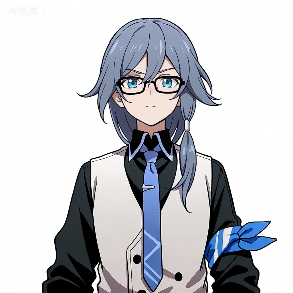 masterpiece, best quality,solo,((white background:1.2)),simple background,, 
looking at viewer,anime_style,fu_hua,blue eyes,grey hair,hair ornament,hair between eyes,blue armband,white vest,collared shirt,black pants,black footwear,black shirt,white belt,black-framed eyewear,blue necktie,necktie,eyebrows visible through hair,glasses,black gloves,bespectacled