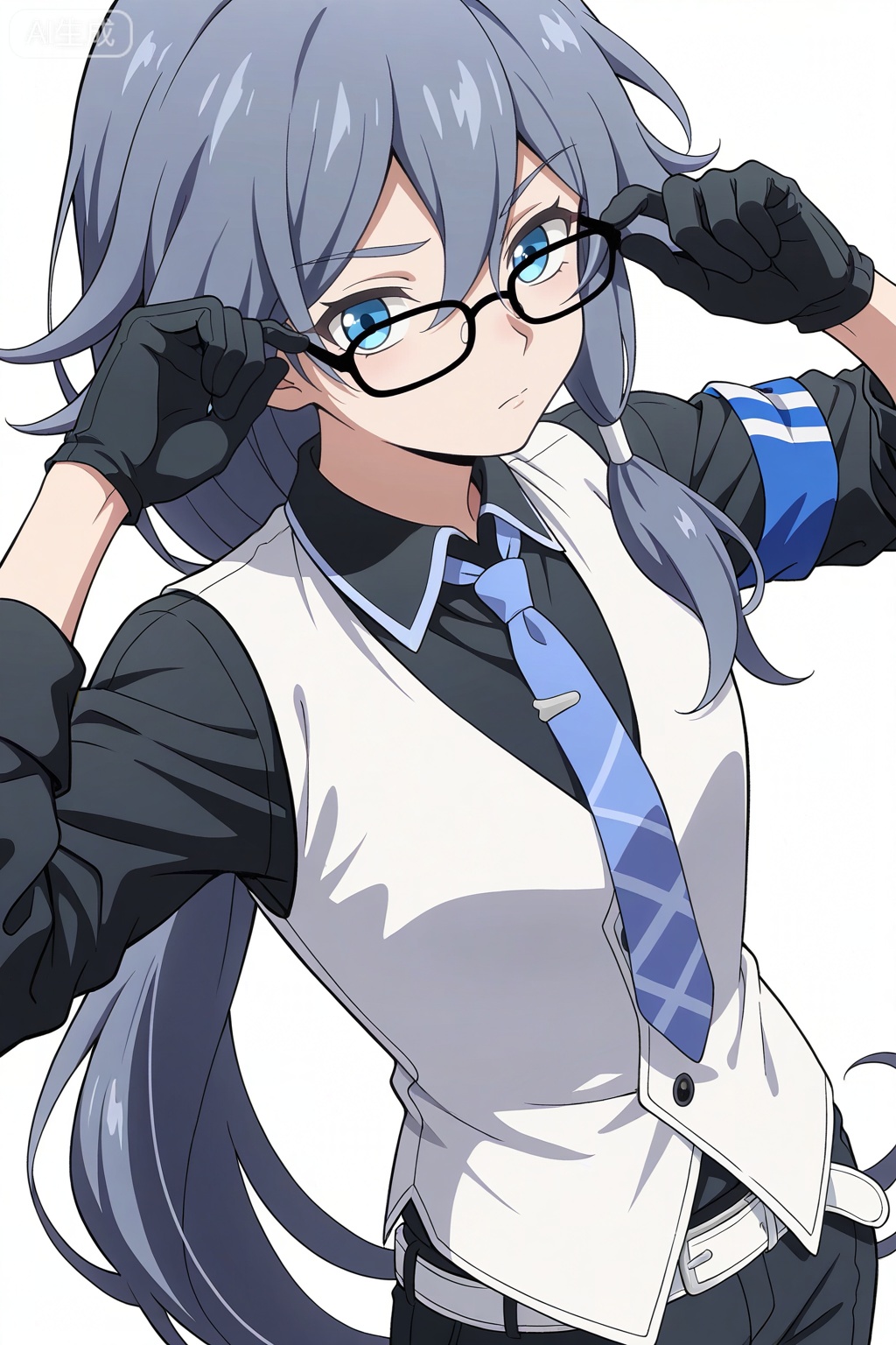 masterpiece, best quality,solo,((white background:1.2)),simple background,, 
looking at viewer,anime_style,fu_hua,blue eyes,grey hair,hair ornament,hair between eyes,blue armband,white vest,collared shirt,black pants,black footwear,black shirt,white belt,black-framed eyewear,blue necktie,necktie,eyebrows visible through hair,glasses,black gloves,bespectacled
