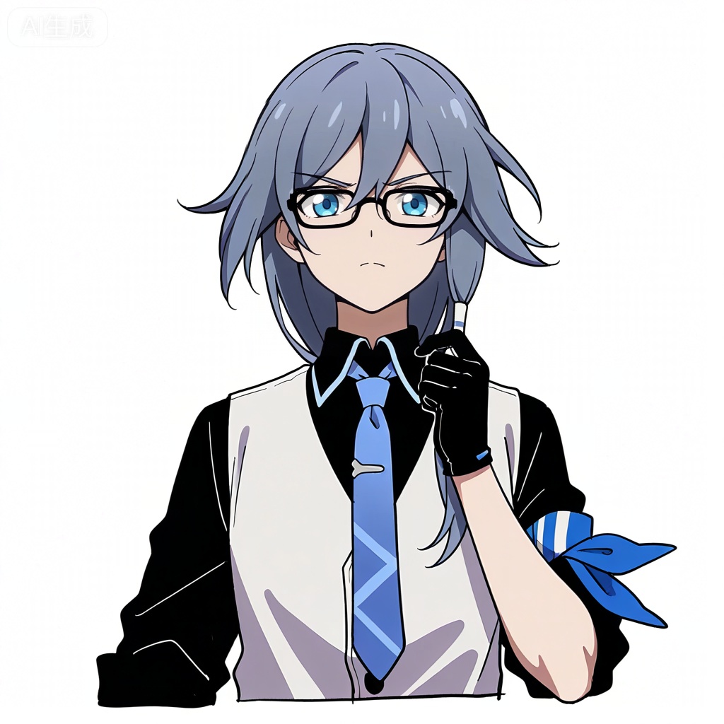 masterpiece, best quality,solo,((white background:1.2)),simple background,, 
looking at viewer,anime_style,fu_hua,blue eyes,grey hair,hair ornament,hair between eyes,blue armband,white vest,collared shirt,black pants,black footwear,black shirt,white belt,black-framed eyewear,blue necktie,necktie,eyebrows visible through hair,glasses,black gloves,bespectacled