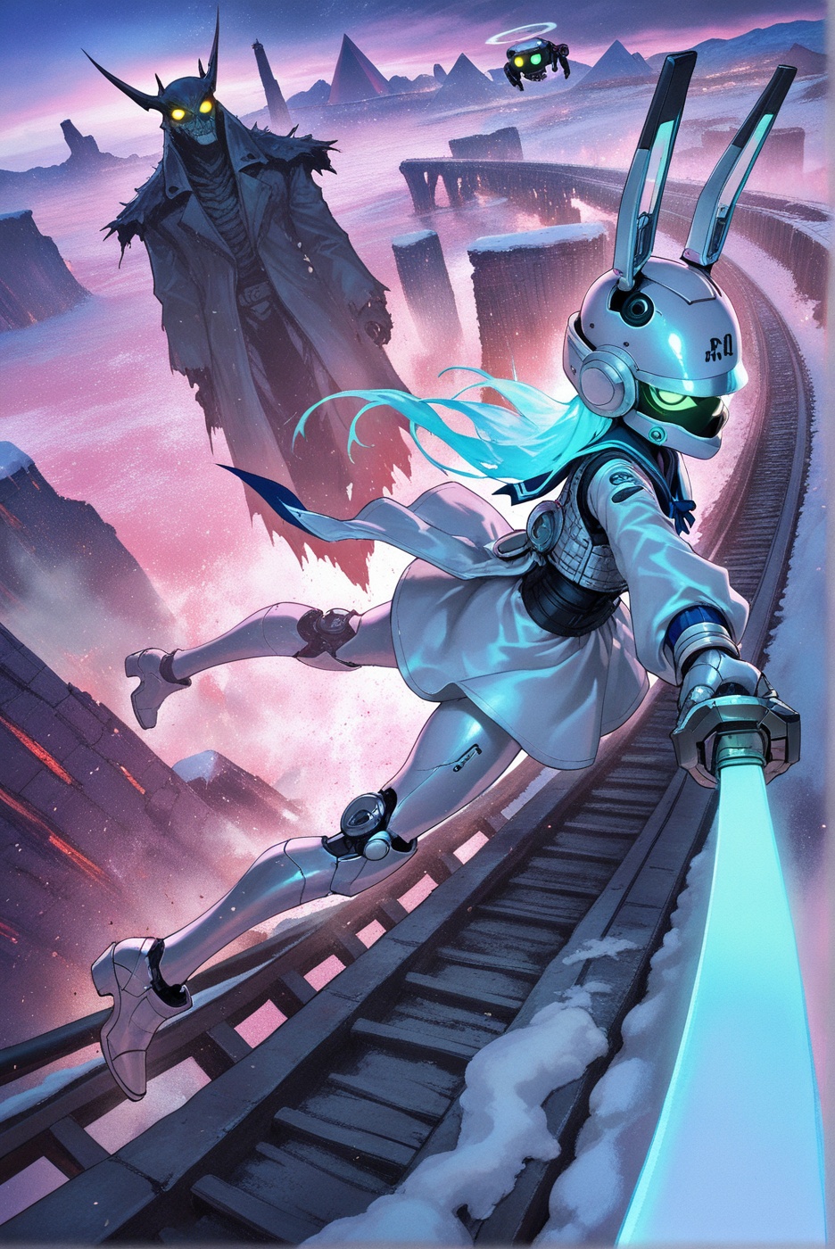 A masterpiece,  best-quality,  ultra-detailed surreal sci-fi–fantasy illustration blending SCI-FI × Ancient Egypt × Railwa...