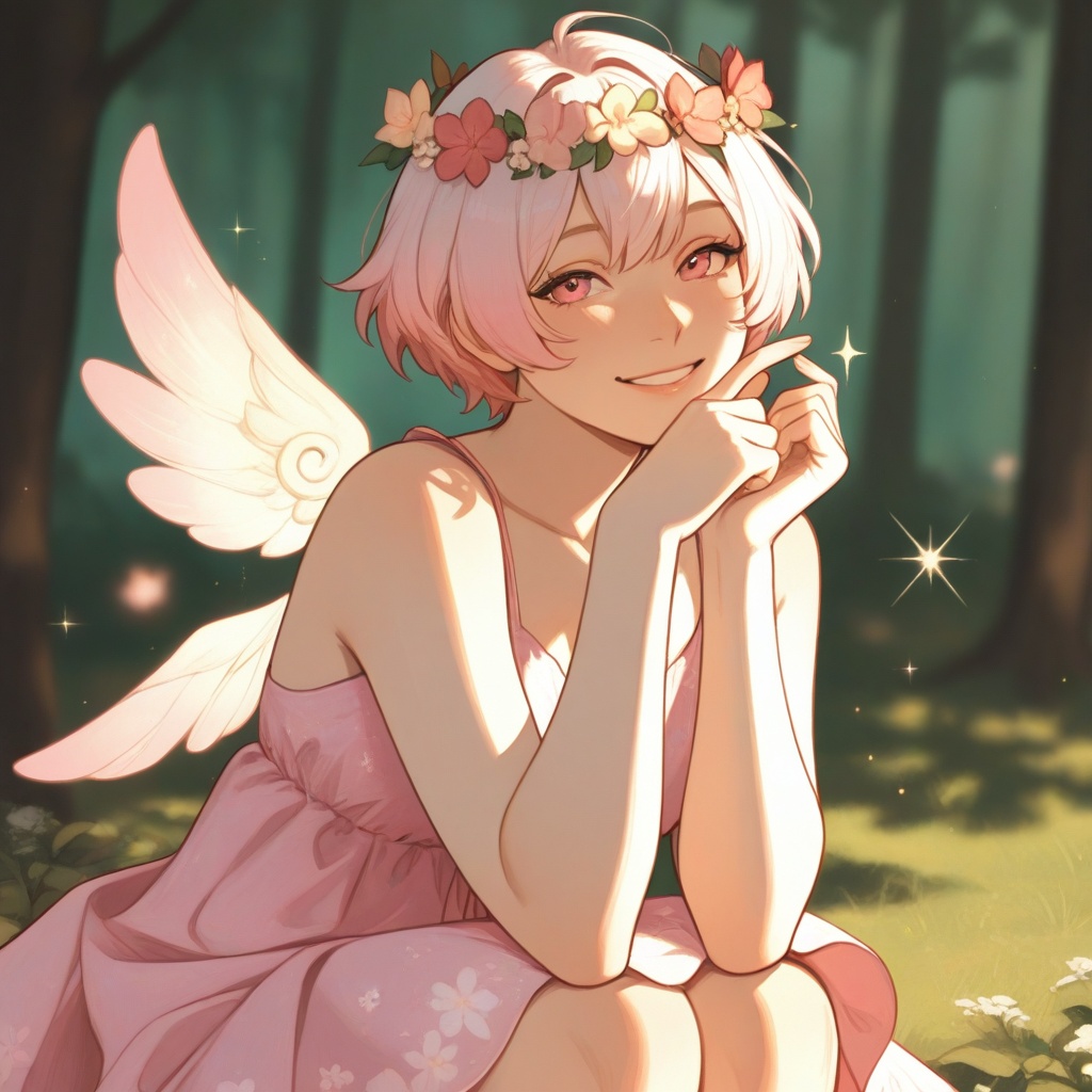 A tiny pixie with delicate wings,  wearing a vibrant pink dress,  sits delicately on the tip of the viewer's finger on Ten...