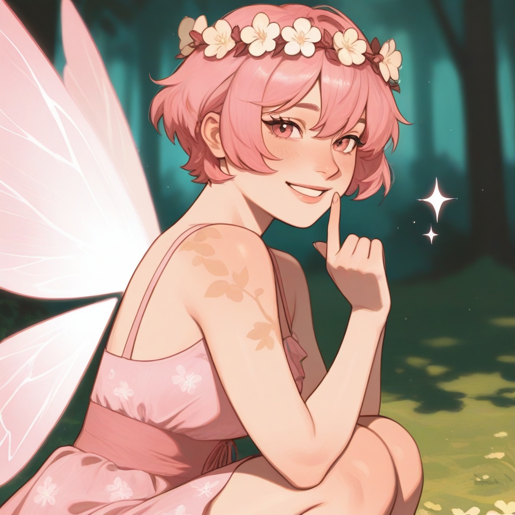 A tiny pixie with delicate wings,  wearing a vibrant pink dress,  sits delicately on the tip of the viewer's finger on Ten...