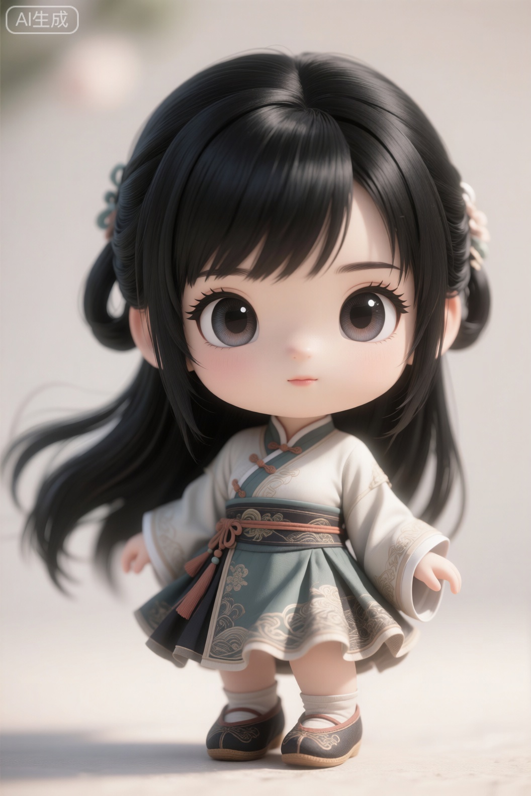 Q版古风少女,黑色长发,古风鞋,矮个子,大脑袋,大眼睛,精致眼睛,眉毛,淡淡的嘴唇,真实头发,超写实质感,柔和光影,高清细节,8K分辨率,电影级质感,cg厚涂。,3d_character_Qq