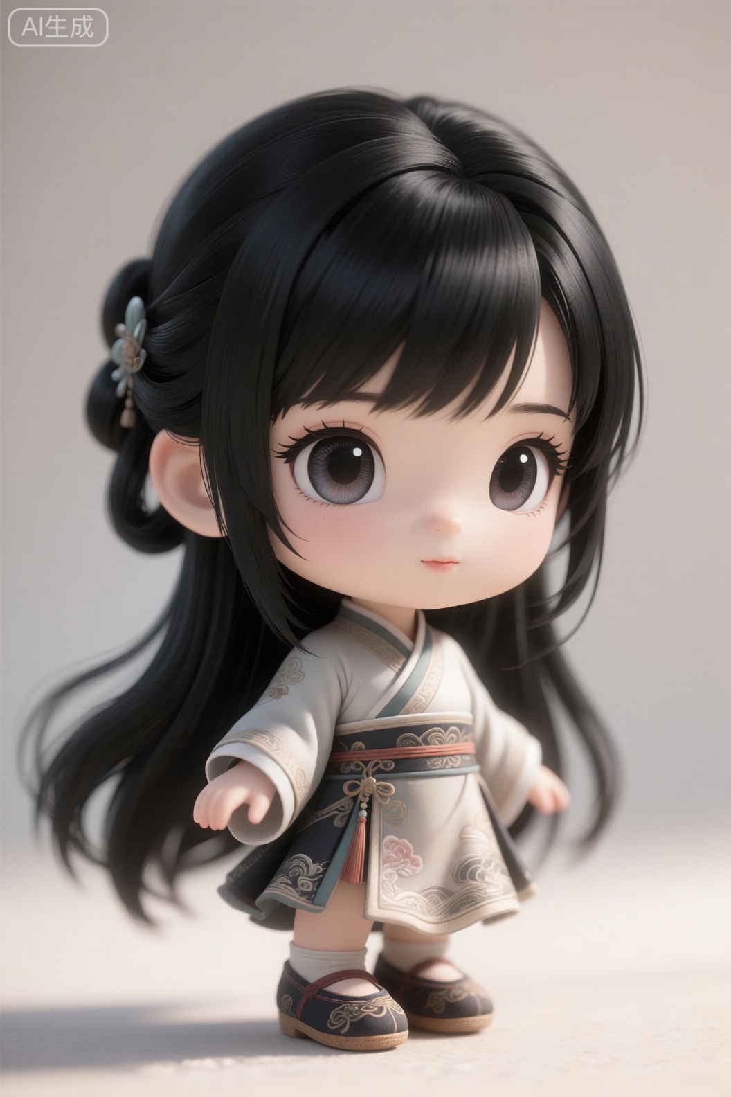 Q版古风少女,黑色长发,古风鞋,矮个子,大脑袋,大眼睛,精致眼睛,眉毛,淡淡的嘴唇,真实头发,超写实质感,柔和光影,高清细节,8K分辨率,电影级质感,cg厚涂。,3d_character_Qq