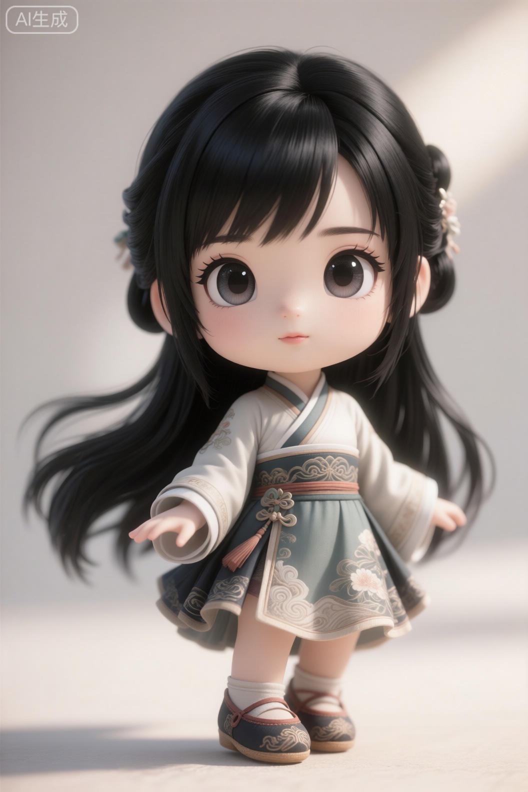 Q版古风少女,黑色长发,古风鞋,矮个子,大脑袋,大眼睛,精致眼睛,眉毛,淡淡的嘴唇,真实头发,超写实质感,柔和光影,高清细节,8K分辨率,电影级质感,cg厚涂。,3d_character_Qq