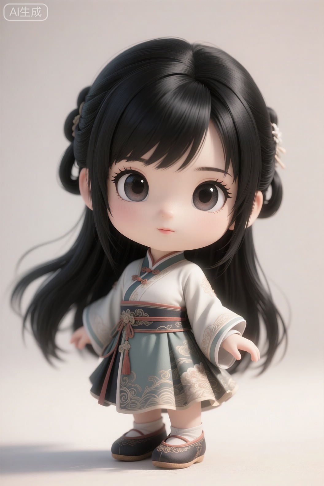 Q版古风少女,黑色长发,古风鞋,矮个子,大脑袋,大眼睛,精致眼睛,眉毛,淡淡的嘴唇,真实头发,超写实质感,柔和光影,高清细节,8K分辨率,电影级质感,cg厚涂。,3d_character_Qq