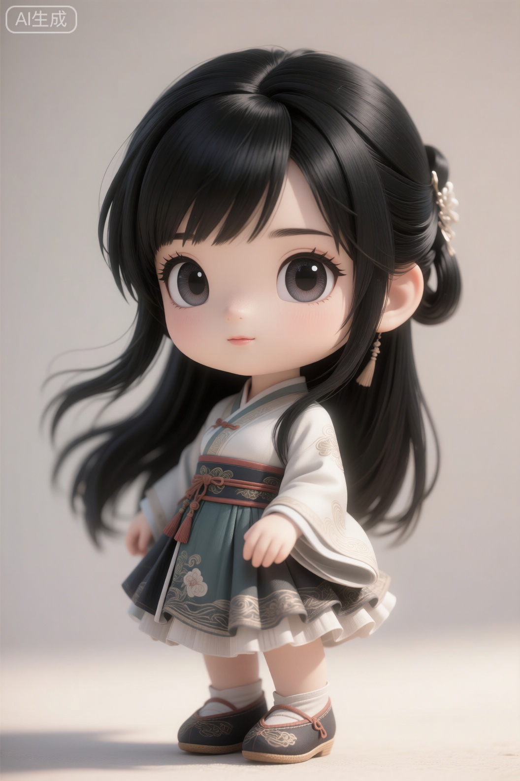 Q版古风少女,黑色长发,古风鞋,矮个子,大脑袋,大眼睛,精致眼睛,眉毛,淡淡的嘴唇,真实头发,超写实质感,柔和光影,高清细节,8K分辨率,电影级质感,cg厚涂。,3d_character_Qq