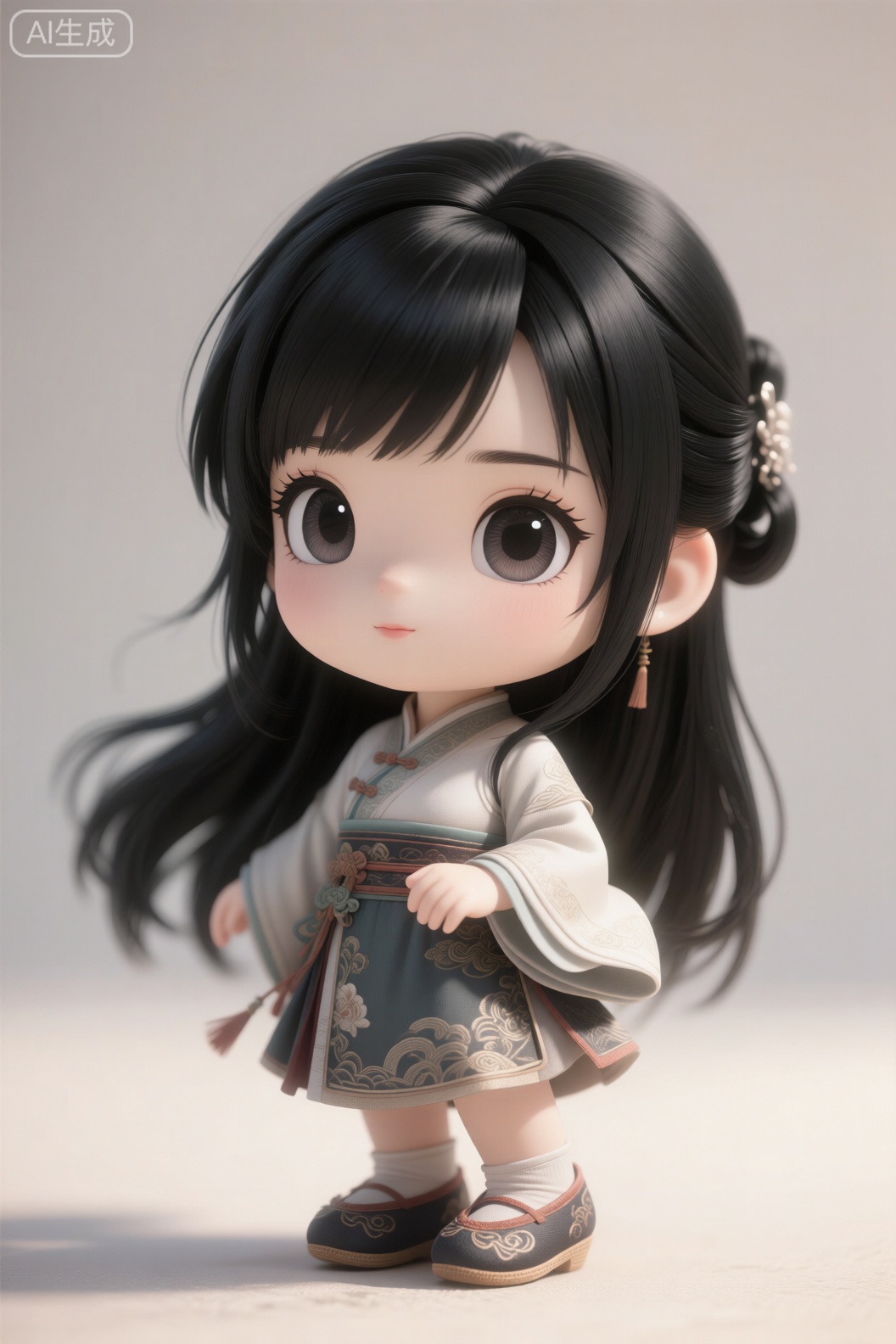 Q版古风少女,黑色长发,古风鞋,矮个子,大脑袋,大眼睛,精致眼睛,眉毛,淡淡的嘴唇,真实头发,超写实质感,柔和光影,高清细节,8K分辨率,电影级质感,cg厚涂。,3d_character_Qq