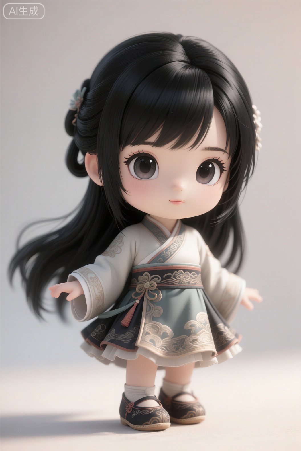Q版古风少女,黑色长发,古风鞋,矮个子,大脑袋,大眼睛,精致眼睛,眉毛,淡淡的嘴唇,真实头发,超写实质感,柔和光影,高清细节,8K分辨率,电影级质感,cg厚涂。,3d_character_Qq
