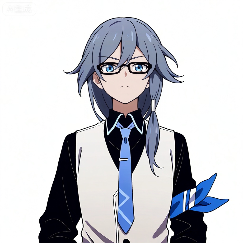masterpiece, best quality,solo,((white background:1.2)),simple background,, 
looking at viewer,anime_style,fu_hua,blue eyes,grey hair,hair ornament,hair between eyes,blue armband,white vest,collared shirt,black pants,black footwear,black shirt,white belt,black-framed eyewear,blue necktie,necktie,eyebrows visible through hair,glasses,black gloves,bespectacled