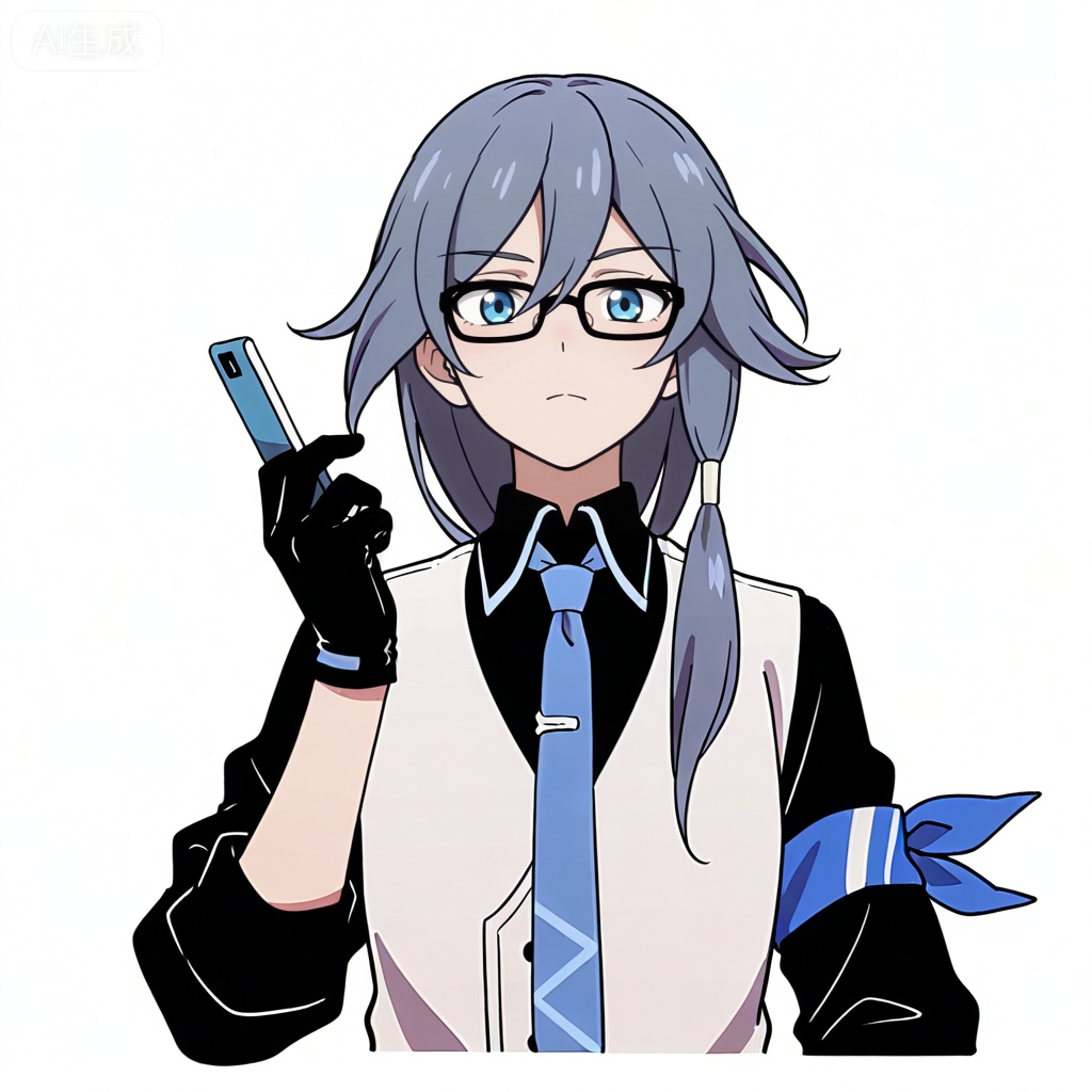 masterpiece, best quality,solo,((white background:1.2)),simple background,, 
looking at viewer,anime_style,fu_hua,blue eyes,grey hair,hair ornament,hair between eyes,blue armband,white vest,collared shirt,black pants,black footwear,black shirt,white belt,black-framed eyewear,blue necktie,necktie,eyebrows visible through hair,glasses,black gloves,bespectacled