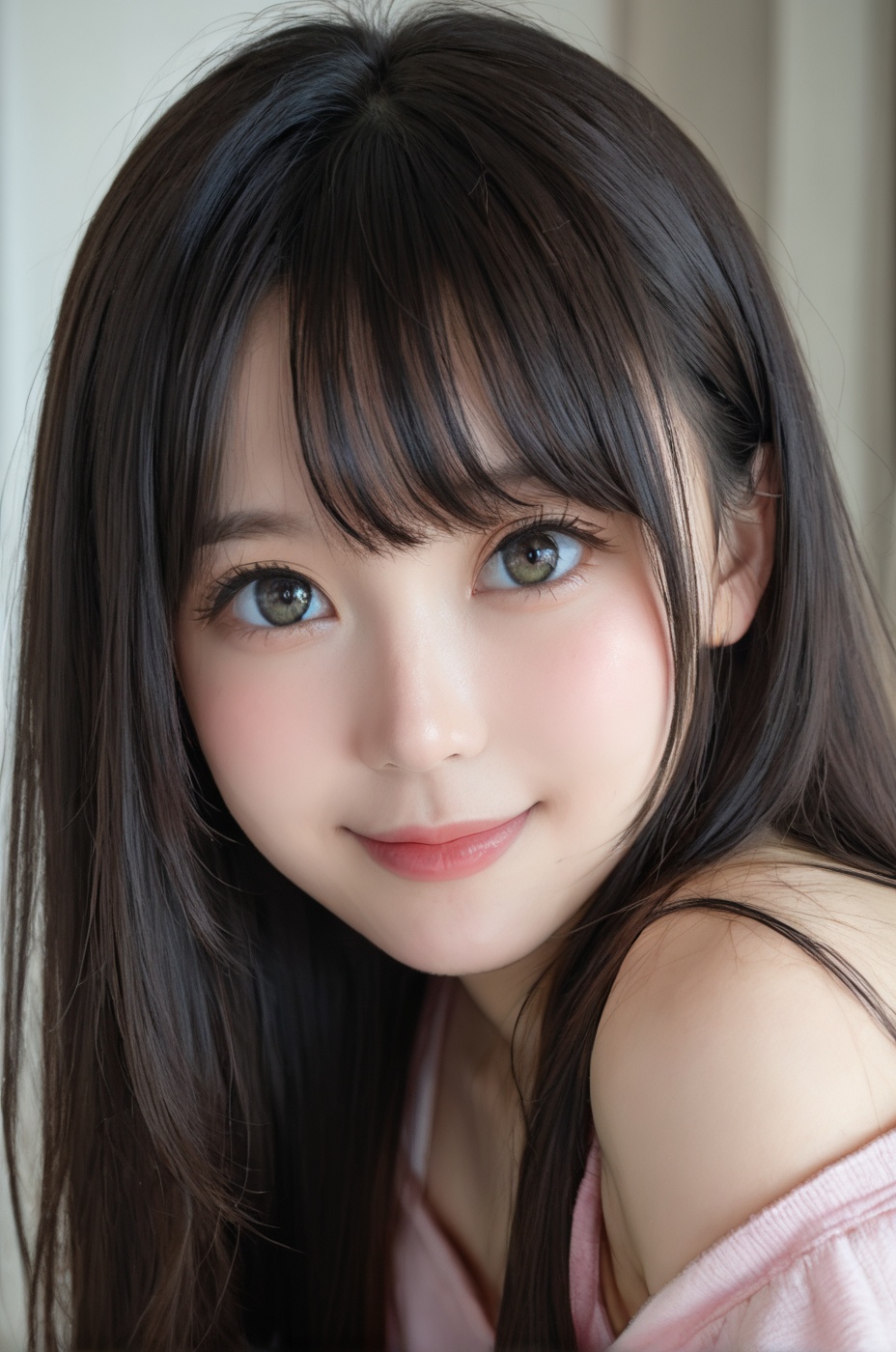A close-up photo of young Chinese woman She is looking at the viewer with bright and loving eyes,  genuie smile. She is le...