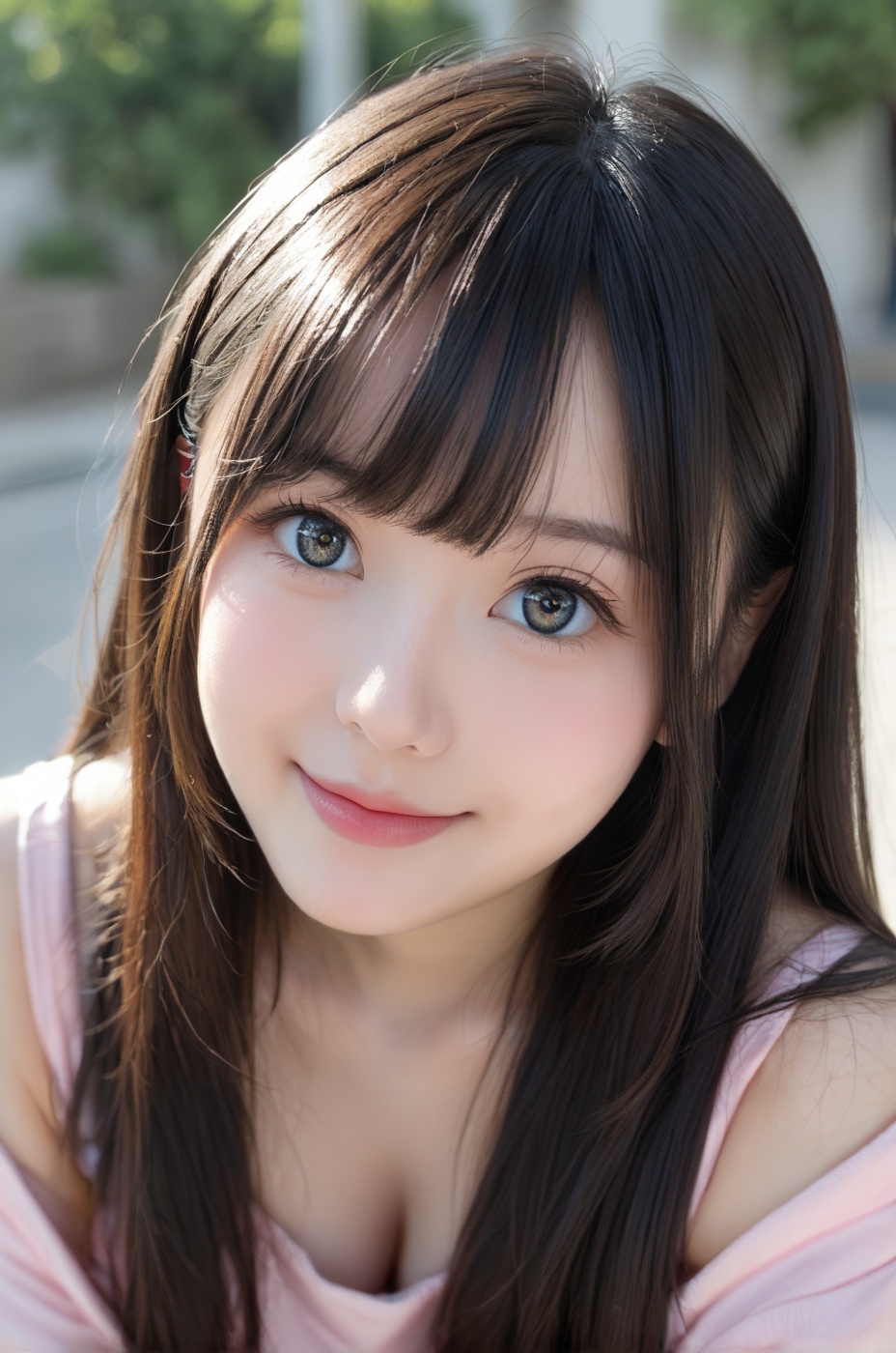 A close-up photo of young Chinese woman She is looking at the viewer with bright and loving eyes,  genuie smile. She is le...