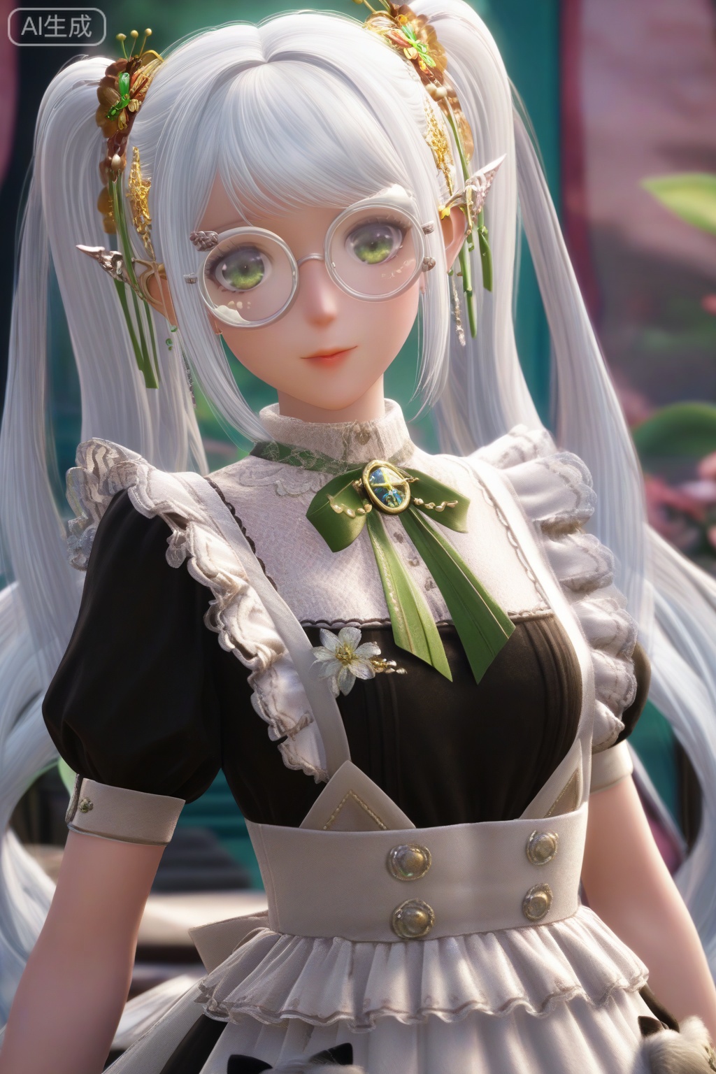 masterpiece, best quality, masterpiece,best quality,official art,extremely detailed CG unity 8k wallpaper,1girl,solo,(looking at viewer:1.15),long hair,hair ornament,dress,ribbon,twintails,very long hair,jewelry,white hair,glasses,pointy ears,apron,maid,round eyewear,green ribbon,blurry background,