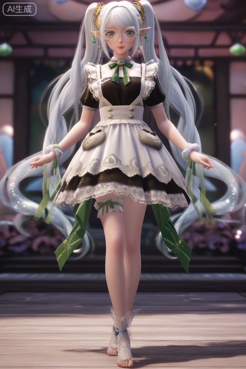 masterpiece, best quality, masterpiece,best quality,official art,extremely detailed CG unity 8k wallpaper,1girl,solo,(looking at viewer:1.15),long hair,hair ornament,dress,ribbon,twintails,very long hair,jewelry,white hair,glasses,pointy ears,apron,maid,round eyewear,green ribbon,blurry background,full body,toes,leg bridal garter