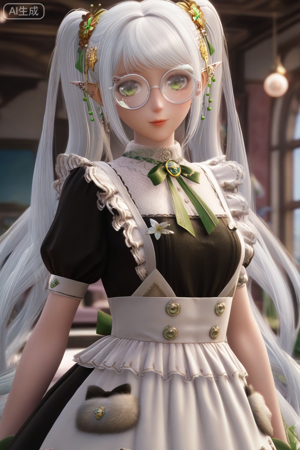masterpiece, best quality, masterpiece,best quality,official art,extremely detailed CG unity 8k wallpaper,1girl,solo,(looking at viewer:1.15),long hair,hair ornament,dress,ribbon,twintails,very long hair,jewelry,white hair,glasses,pointy ears,apron,maid,round eyewear,green ribbon,blurry background,