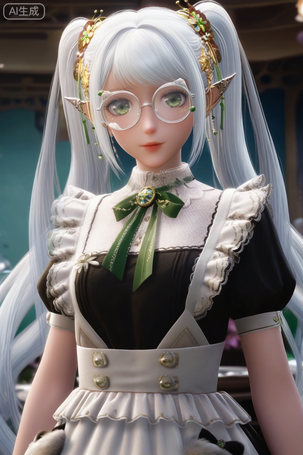 masterpiece, best quality, masterpiece,best quality,official art,extremely detailed CG unity 8k wallpaper,1girl,solo,(looking at viewer:1.15),long hair,hair ornament,dress,ribbon,twintails,very long hair,jewelry,white hair,glasses,pointy ears,apron,maid,round eyewear,green ribbon,blurry background,
