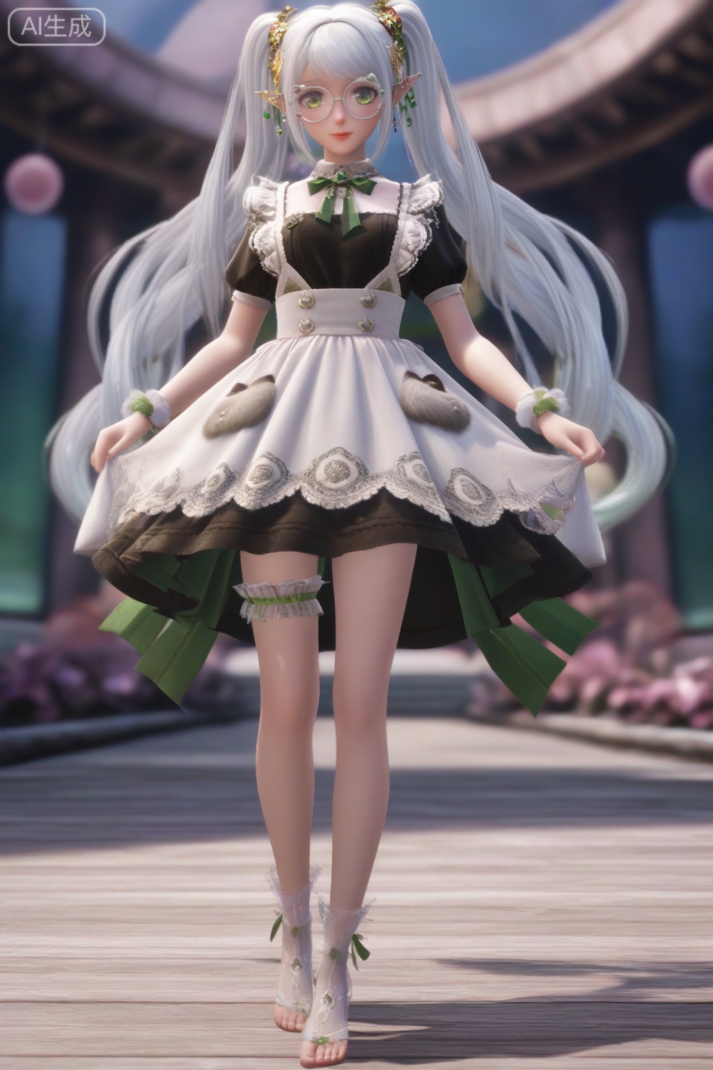masterpiece, best quality, masterpiece,best quality,official art,extremely detailed CG unity 8k wallpaper,1girl,solo,(looking at viewer:1.15),long hair,hair ornament,dress,ribbon,twintails,very long hair,jewelry,white hair,glasses,pointy ears,apron,maid,round eyewear,green ribbon,blurry background,full body,toes,leg bridal garter,solo focus