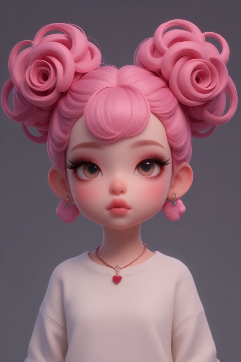 The image shows a person with a unique hairstyle. The hair is styled in two large,  pink,  rose-like buns on either side o...