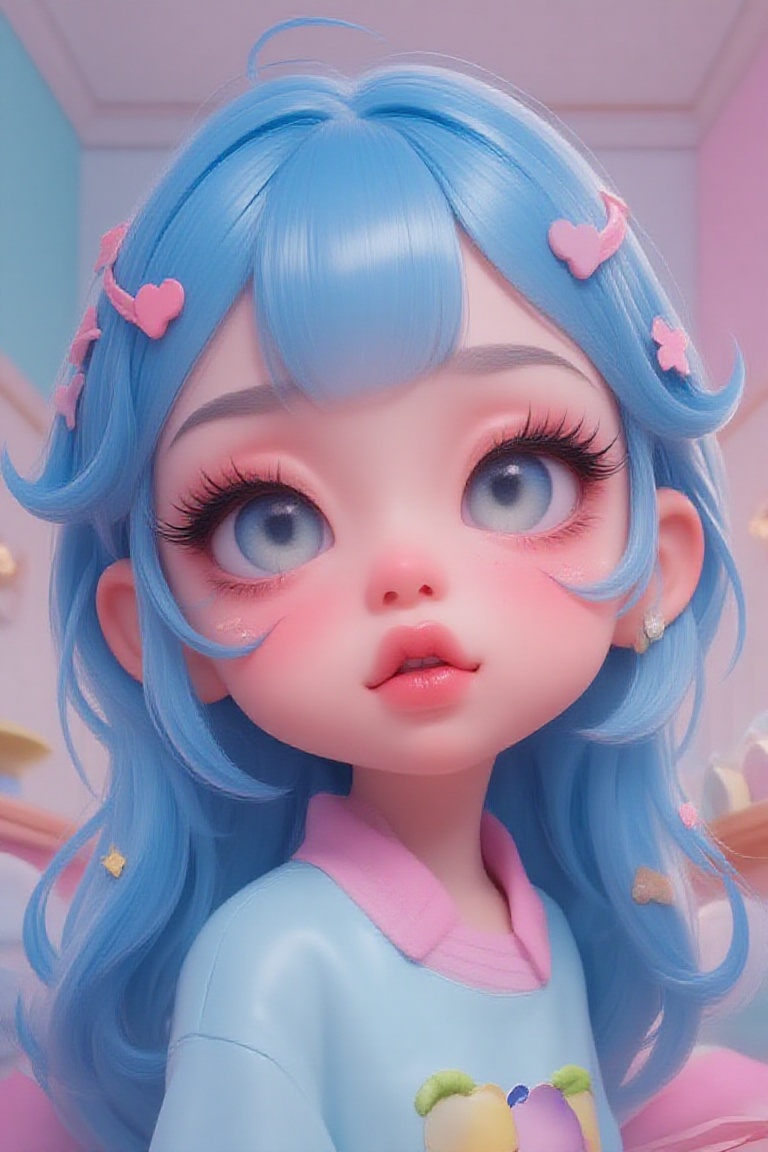 The image depicts a young girl with long,  flowing blue hair adorned with small pink accessories,  including a heart-shape...