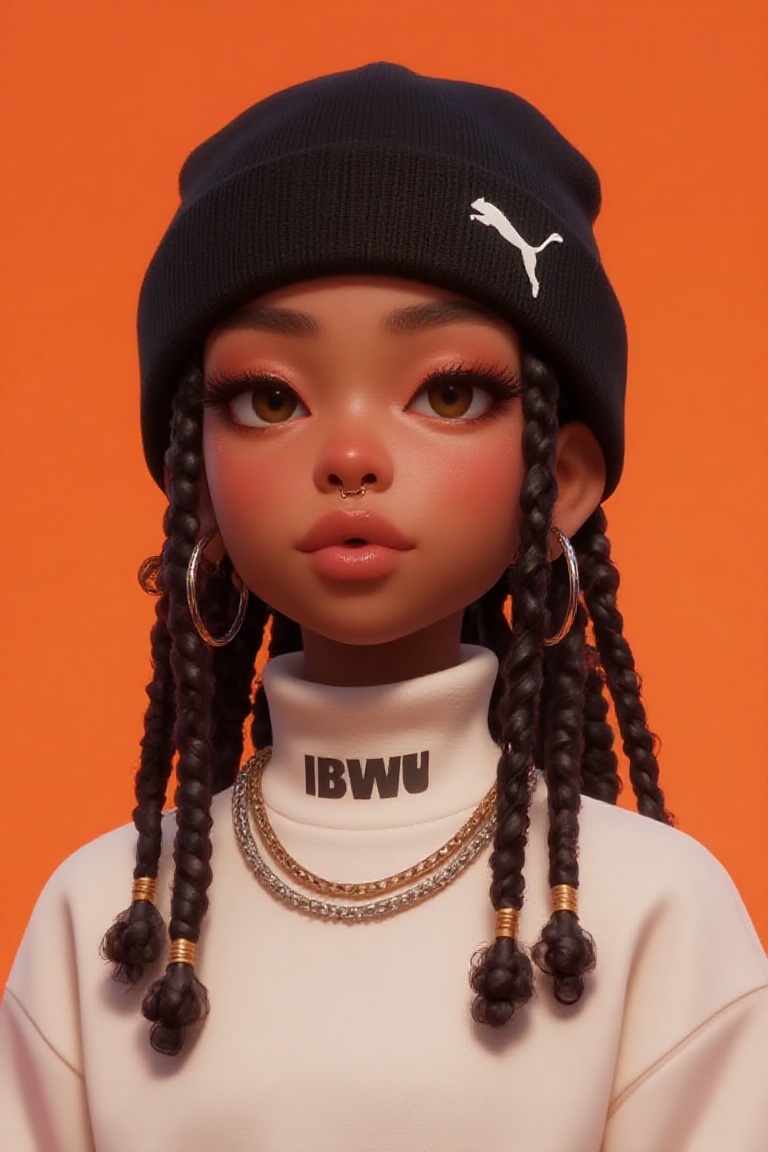The image shows a person with long,  dark braids,  wearing a black beanie with a white Puma logo on it. They have a nose p...