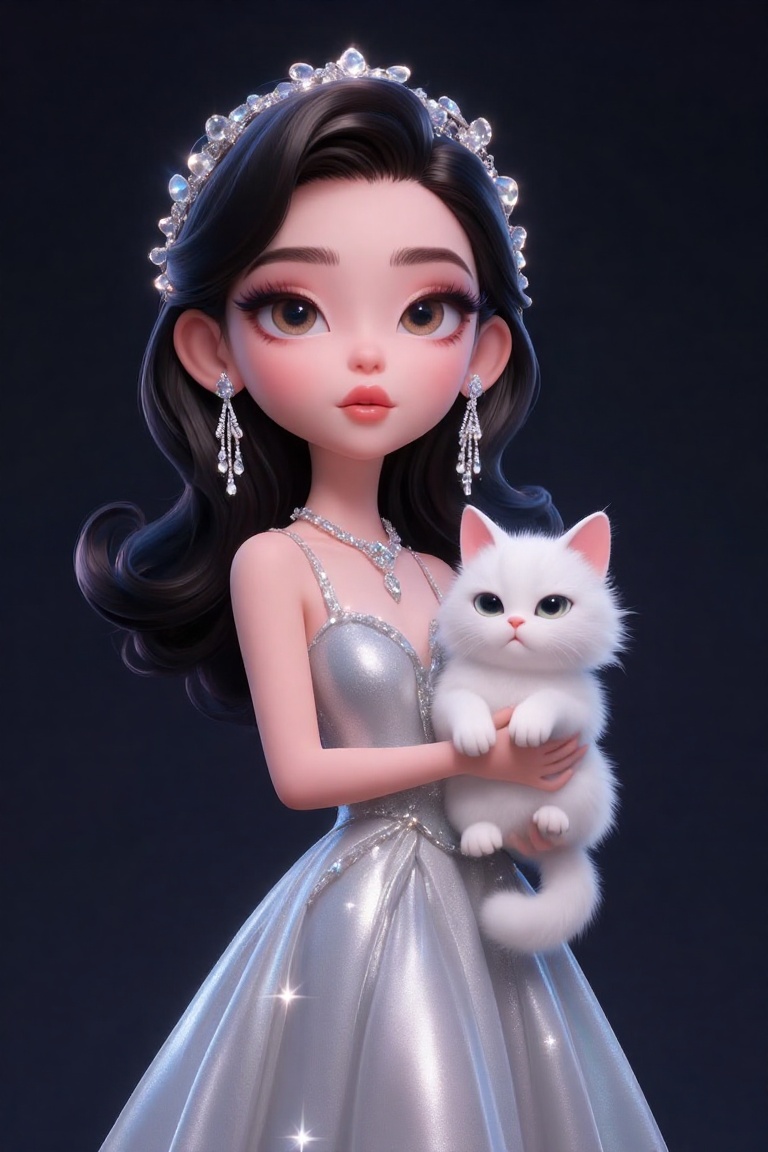 The image depicts a woman dressed in an elegant,  sparkling silver gown. She is adorned with a headpiece that sparkles and...