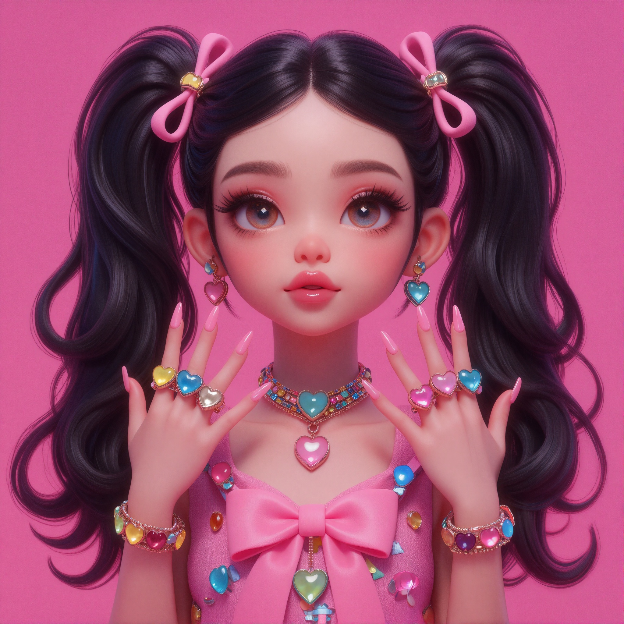 The image features a person with long black hair styled in two high ponytails,  each tied with pink ribbons. They are wear...