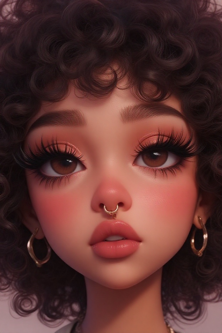 The image depicts a close-up of a person with voluminous,  curly dark hair. The individual has large,  dramatic eyelashes...