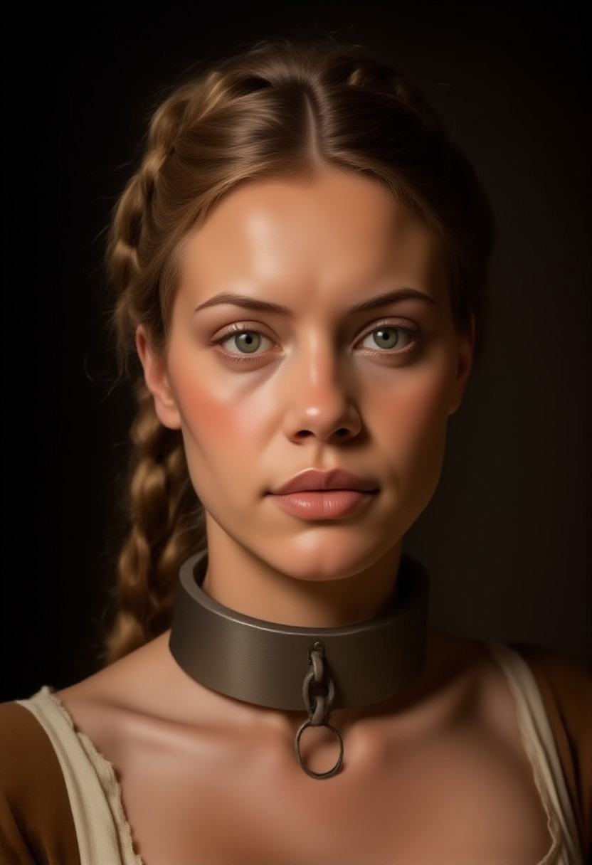 photo,  face portrait of the woman Guin as a medieval slave,  collar on Tensor.Art