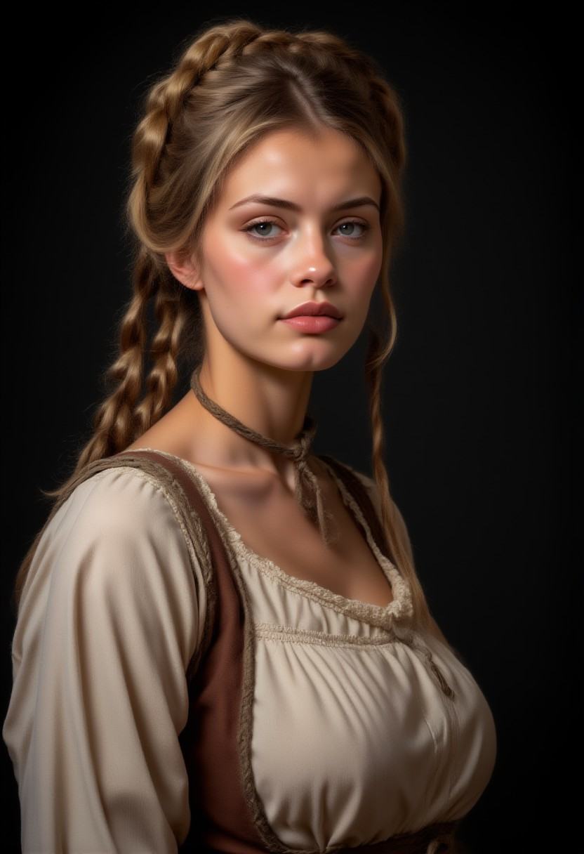 photo,  face portrait of the busty woman Guin as medieval peasant,  dark background on Tensor.Art