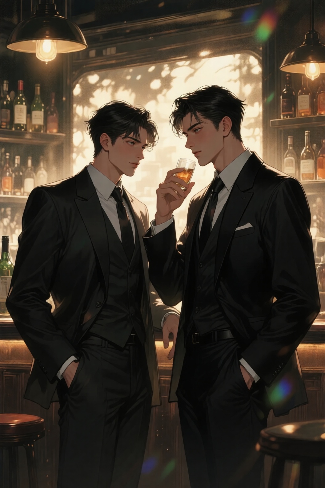 插画风格,  背景酒馆里,  光影中的两位英俊男性 on Tensor.Art