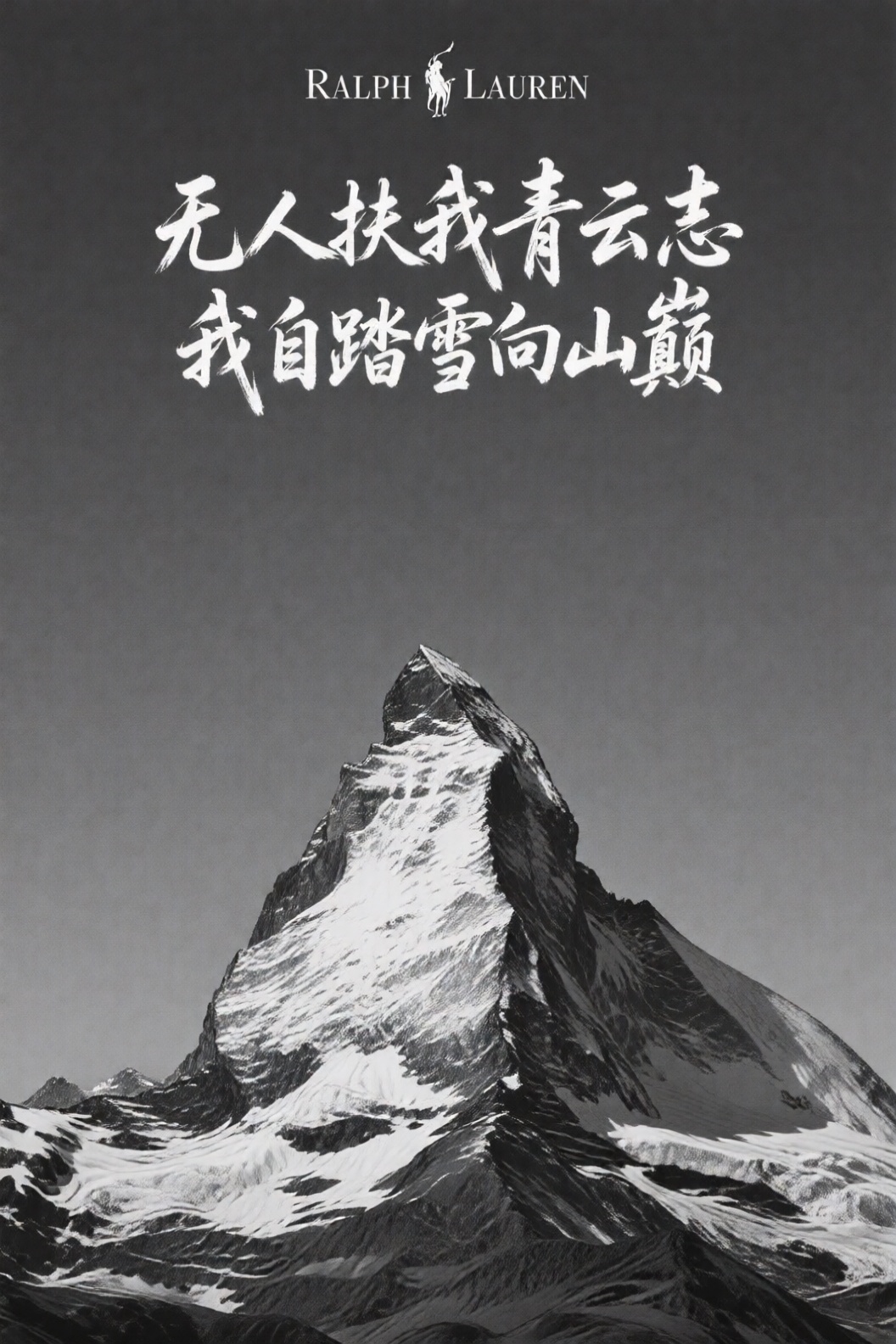一张高对比度的黑白照片,  展现了空旷天空下孤零零的雪山之巅,  采用广角电影构图 on Tensor.Art