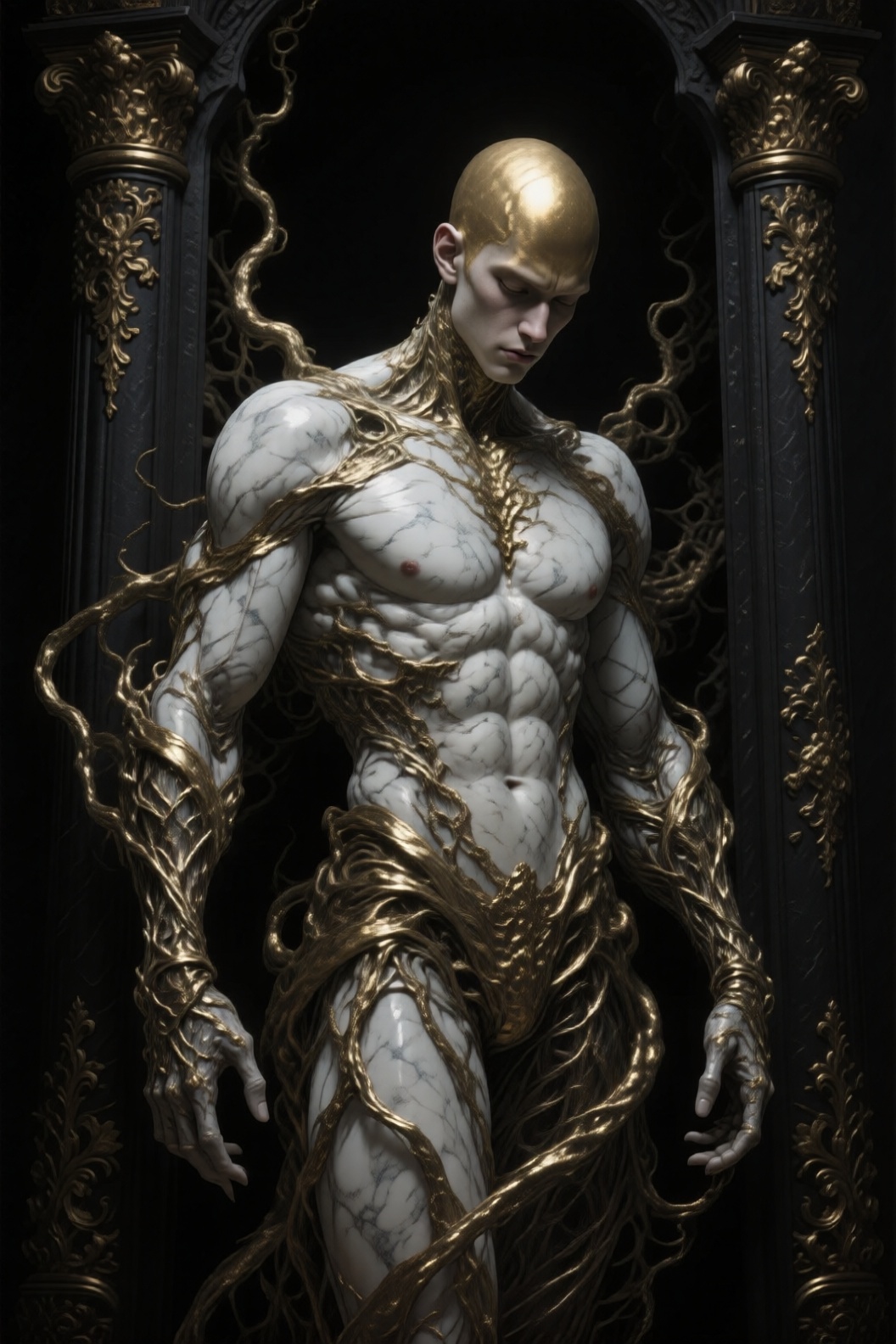 A hyper-realistic,  dark fantasy vertical portrait of a pale,  muscular humanoid figure encased within an ornate on Tensor...