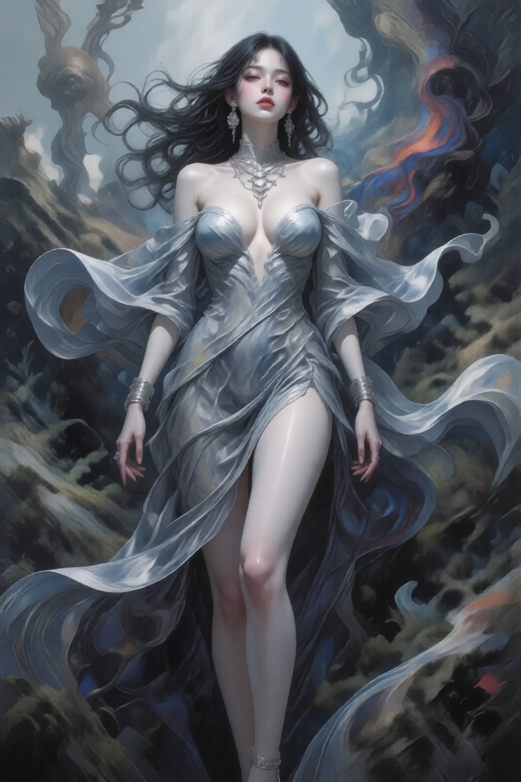 In the midst of an abstract,  ever-shifting landscape,  a Mysterious Woman form wears garments that seem to morph and flow...